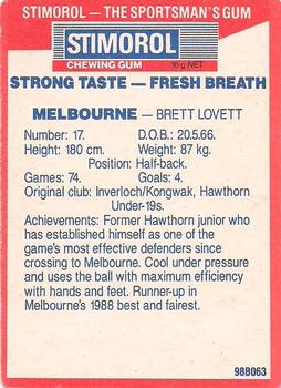 1990 AFL Scanlens Stimorol #40 Brett Lovett Back